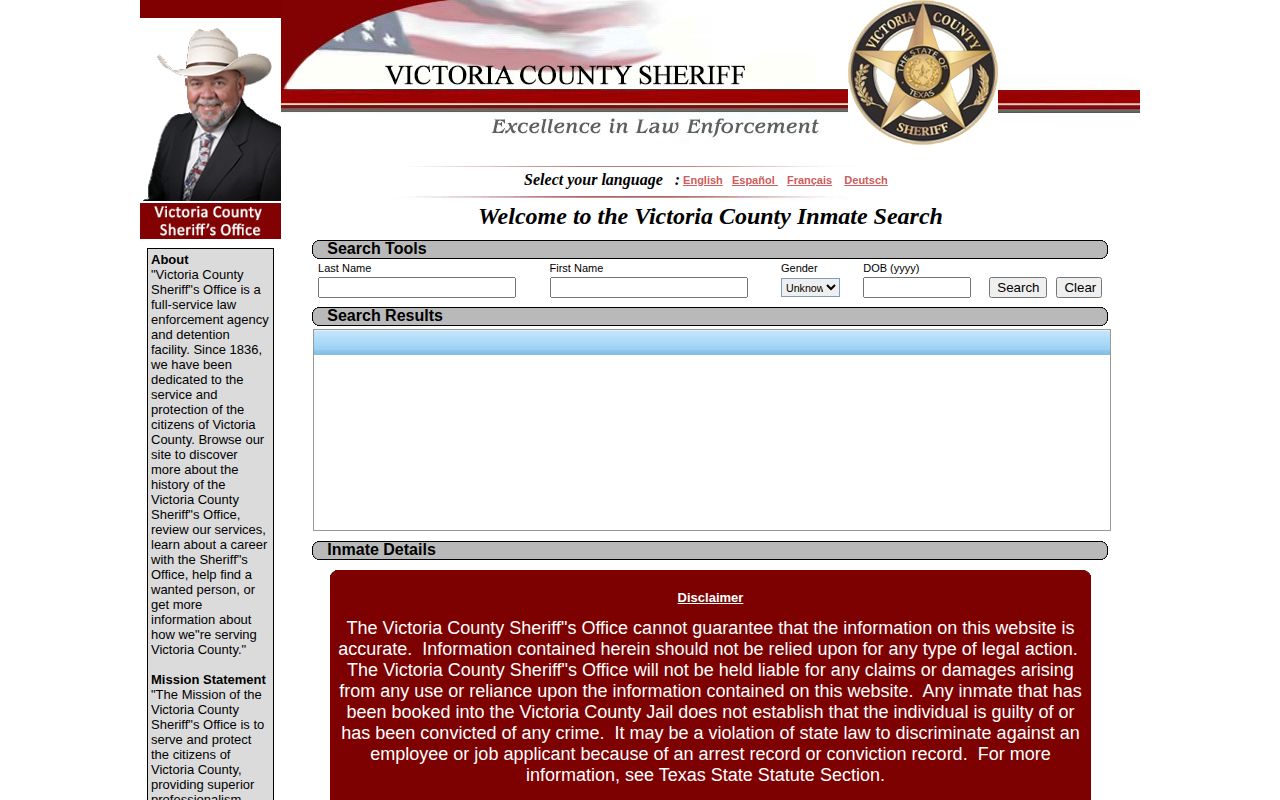 Victoria County current inmate locator for booking and custody record searches