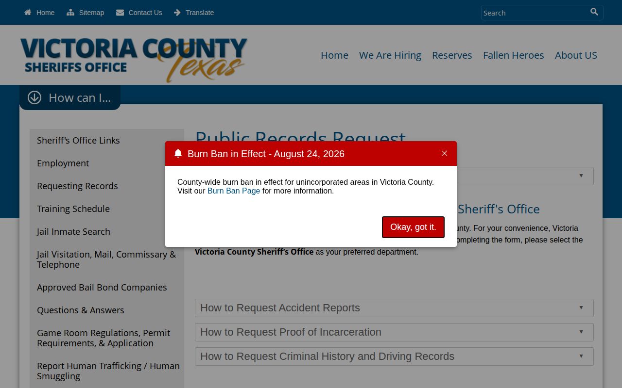 Victoria County Sheriff records-request instructions for a booking record