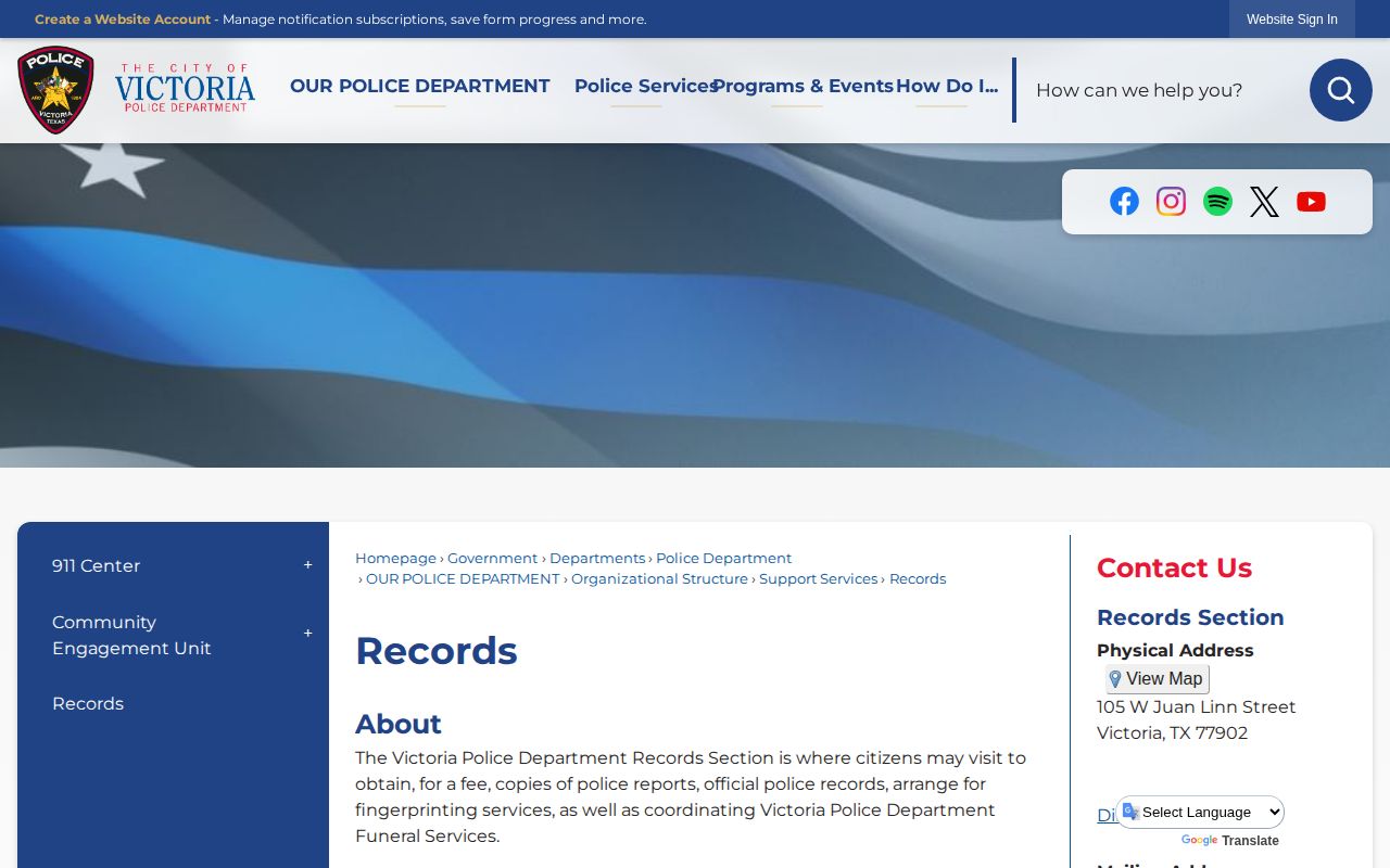 Victoria Police Department records page for Victoria arrest-record requests